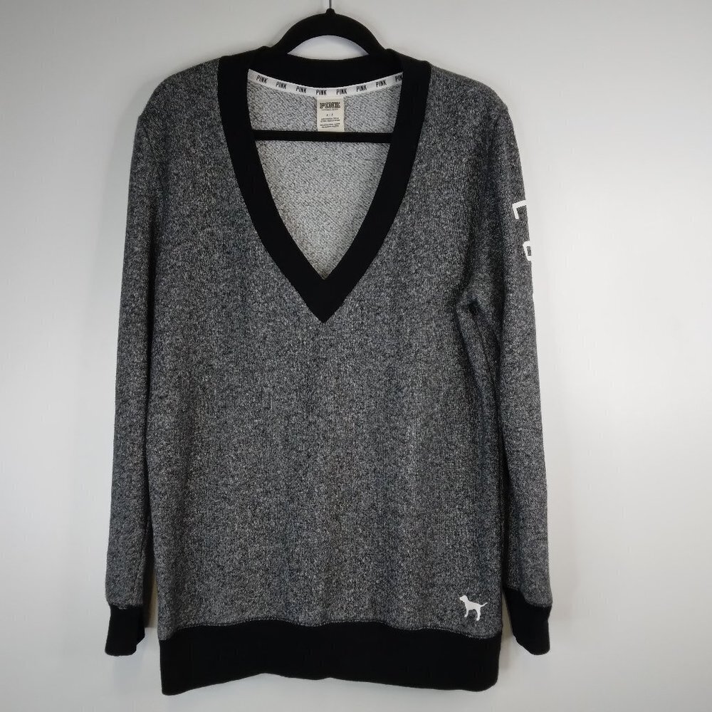 Victoria’s Secret PINK Charcoal Varsity V Neck Pullover Sweater Size S